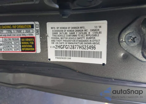 2007 Honda Civic Ex from USA, damaged, VIN 2HGFG12877H525496